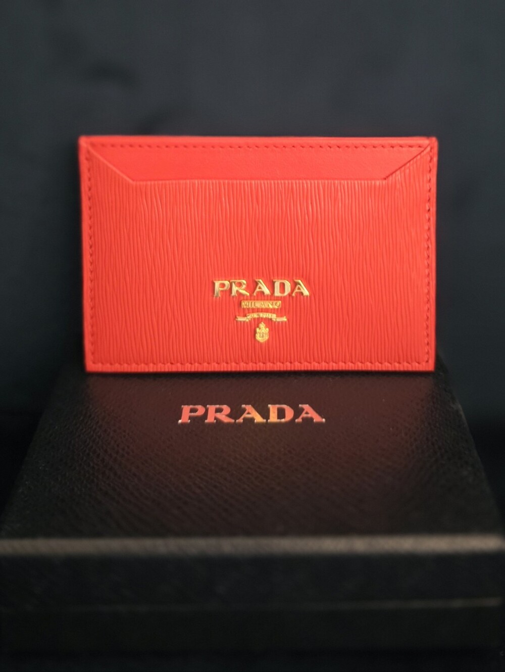 PRADA Red Saffiano Leather Card Case with Gold Logo